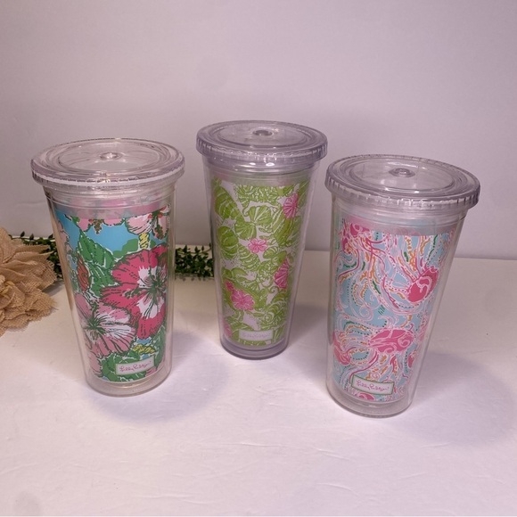 Set of 3 Lilly Pulitzer Ocean Floral Print Plastic Tumblers With Lids BPA Free - Picture 1 of 6